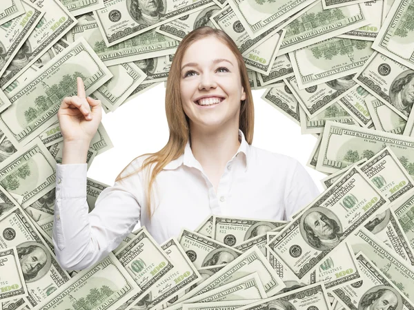 Una chica feliz sonriendo dentro del marco de los billetes de dólar. Billetes nominales de 100 dólares a ambos lados. Frente y reverso . — Foto de Stock