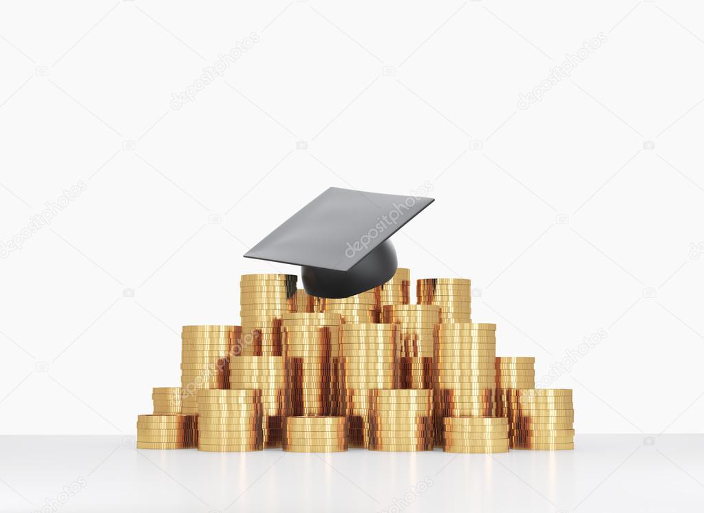 Graduation hat is laying on the coins pyramid. A concept of a high price for the university education.