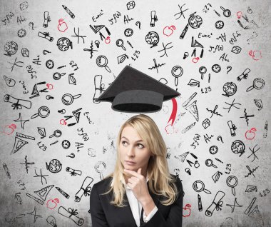 A lady is pondering over the advantages of education. A concept of the further business education. clipart