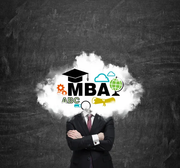 An investment banker is pondering over the master's degree in business administration. Cloud with the educational icons instead of the manager's head. — Stock Photo, Image