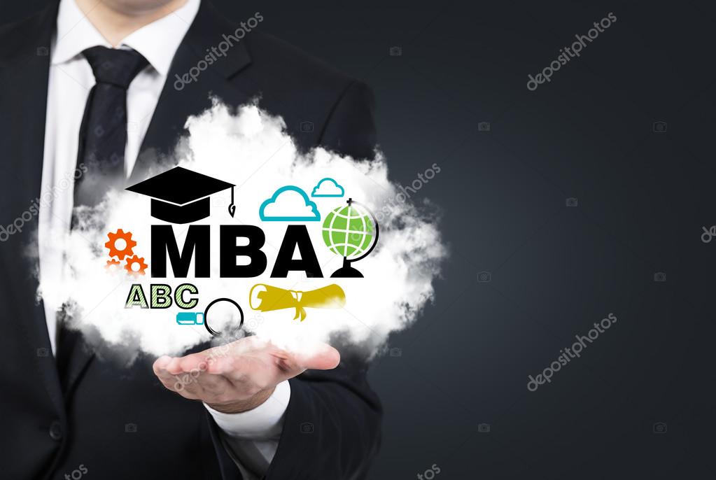 A student's hand is holding a cloud with the educational icons. A concept of the master's degree in business administration, MBA.
