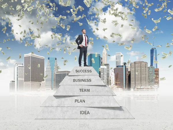 Successful manager is on the top of the business development pyramid in the sketched New York. Dollar bills are falling down from the sky. — Stock Photo, Image