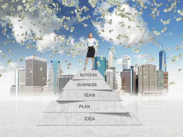 Successful business lady is on the top of the business development pyramid in the sketched New York. Dollar bills are falling down from the sky. — Stock Photo, Image