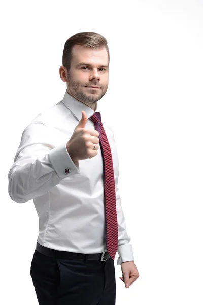 Homem de negócios alegre com os polegares para cima gesto. Isolados . — Fotografia de Stock