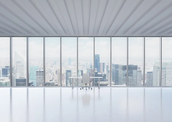 Un lugar de trabajo en una moderna oficina panorámica en la ciudad de Nueva York. Concepto de los servicios de consultoría financiera . — Foto de Stock