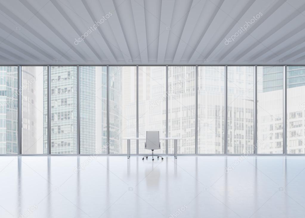 A workplace in a modern panoramic office in New York City. A concept of the financial consulting services.