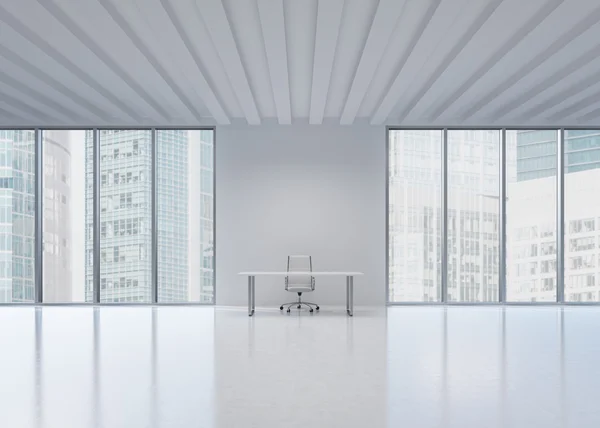 Ein arbeitsplatz in einem modernen panoramabüro in new york city. ein Konzept der Finanz- und Rechtsberatung. — Stockfoto