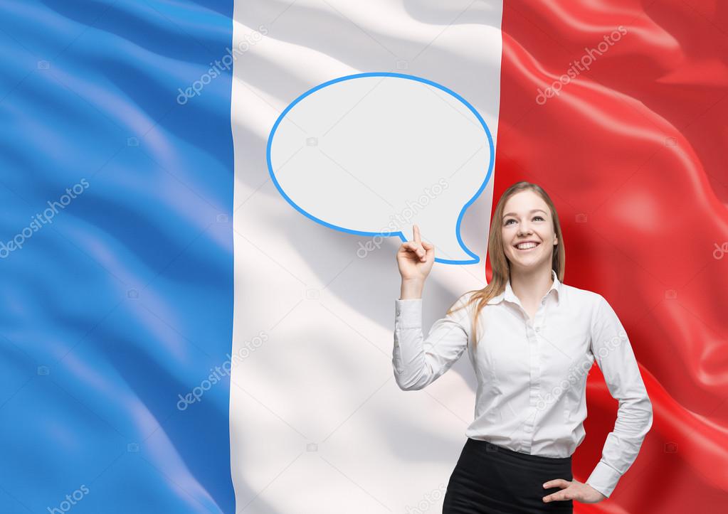 Woman is pointing out the blank speech bubble. French flag as a background.