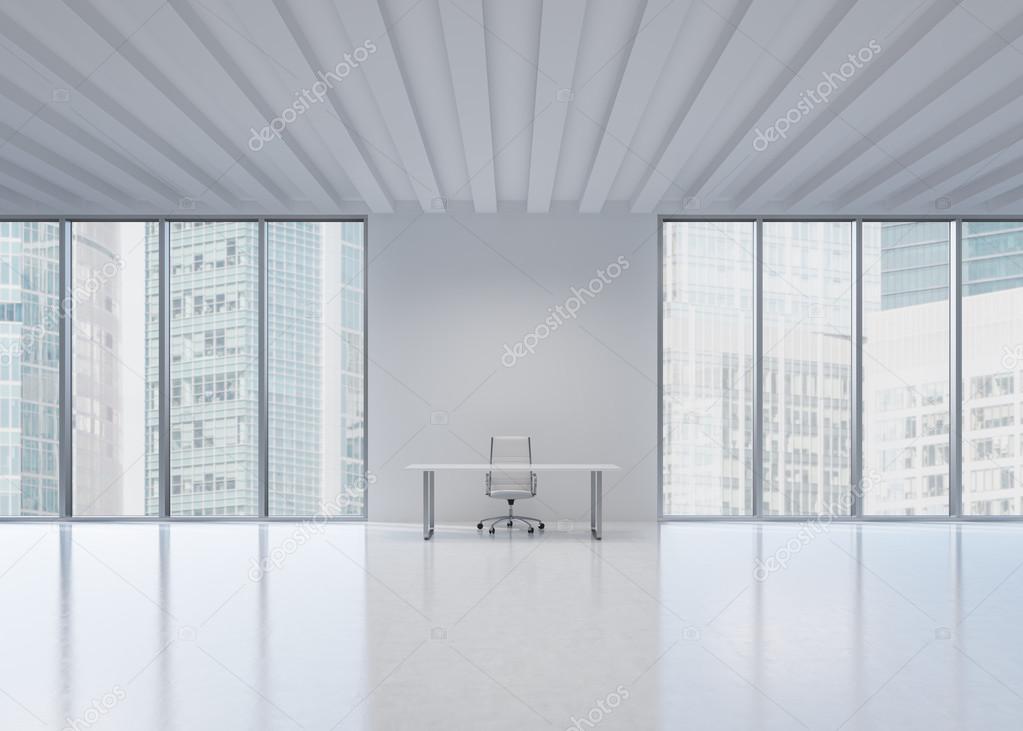 A workplace in a modern panoramic office in New York City. A concept of the financial and legal consulting services.