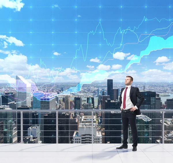 Trader on the roof in New York city. Forex chart over the sky. A concept of prosperous portfolio management process. — Stock Photo, Image