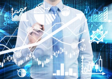 analist bir mali çizim hesaplamalar ve cam ekran tahminler. grafikler, Çizelgeler ve okları her yerde. forex piyasasında bir kavramı.
