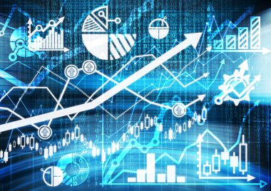 Digital sketch of the different financial charts, graphs and calculations. A concept of capital market transactions and forex trading.