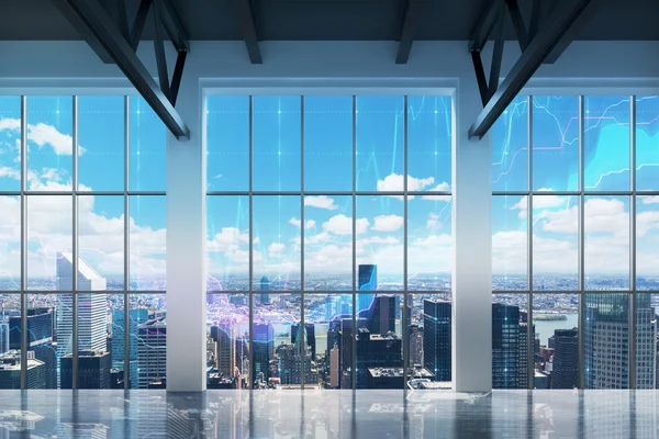 Contemporary office with New York view. Financial charts are drawn over the windows. — Stock Photo, Image