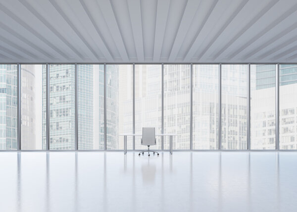 A workplace in a modern panoramic office in New York City. A concept of the financial consulting services.