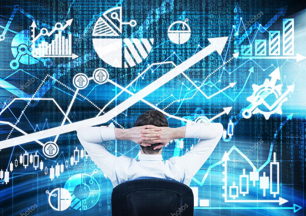 Rear view of sitting financial analyst. A huge digital screen with the range of graphs, charts, and arrow. Forex trading concept.