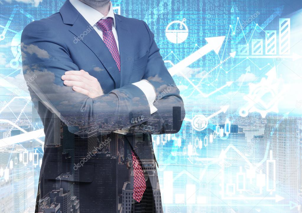 Analyst with crossed hands is standing in front of the digital financial calculations and predictions on the background. A concept of the capital market transactions and forex deals.