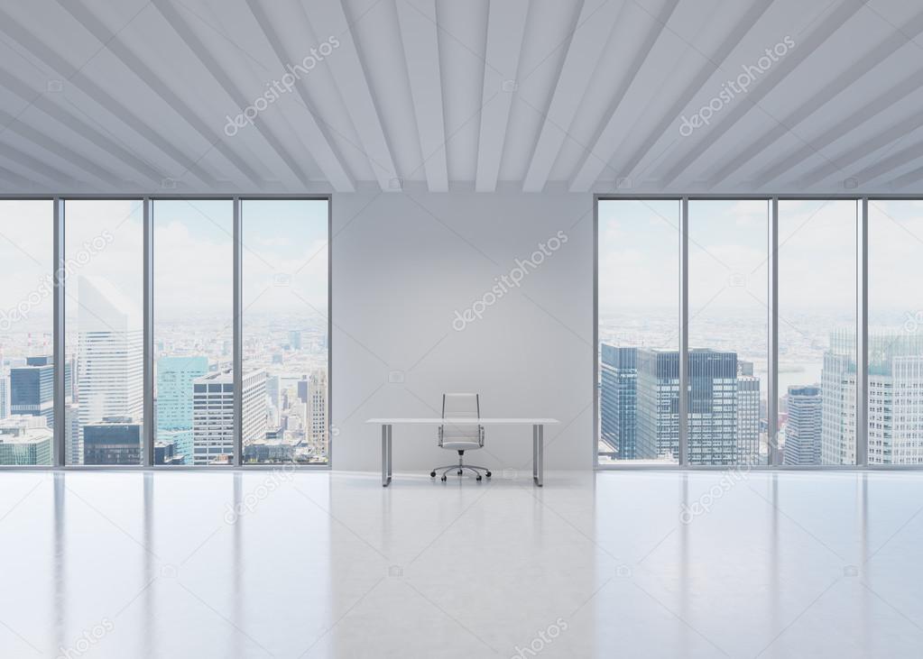 A workplace in a modern panoramic office in New York City. A concept of the financial and legal consulting services.