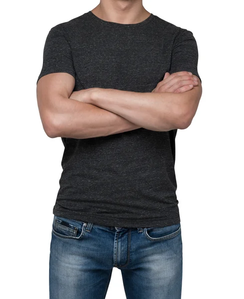 Man klädd i svart t-shirt med korsade händer. isolerad på vit bakgrund. — Stockfoto