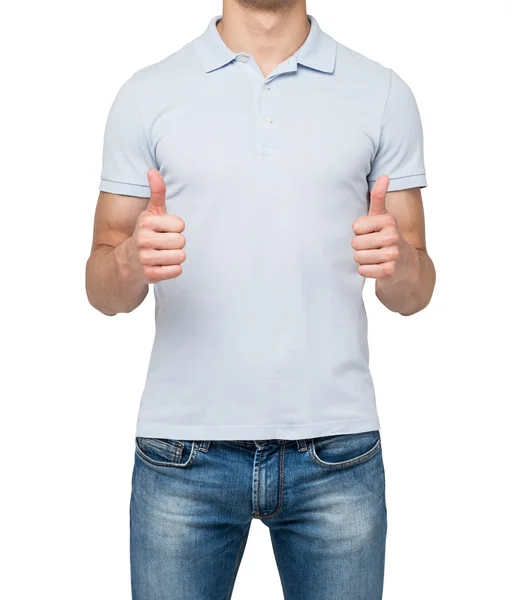 Close-up of the man's body in a blue polo thumbs up. — Stock Photo, Image