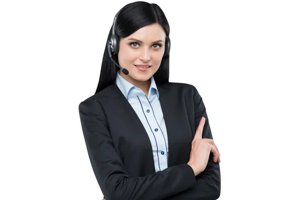 Portret brunetka wsparcie operatora telefon z zestawem s³uchawkowym. na białym tle — Zdjęcie stockowe