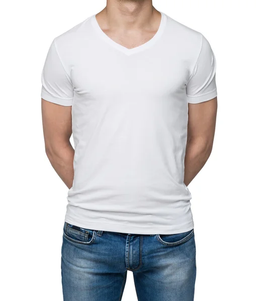 Close up of the body view of the man in a white t-shirt. Hands are crossed behind the back. Isolated on the white background. — Stock Photo, Image