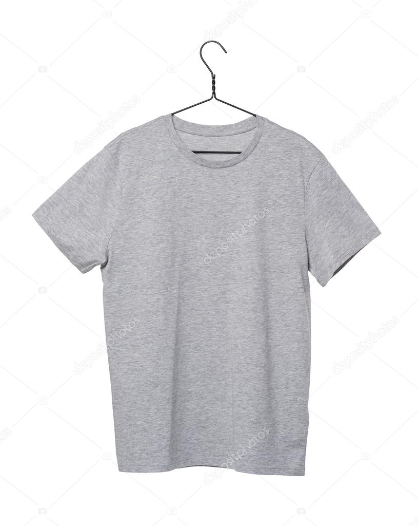 Close-up of the grey t-shirt on the clothes hanger. Isolated.