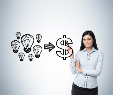 Brunette smiling woman performs a concept of the successful business. Light bulbs as 'ideas' are equal to 'dollar sign' as a concept of the profit. clipart