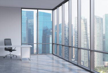A workplace in a modern corner panoramic office in Singapore. A concept of financial consulting services. 3D interior.