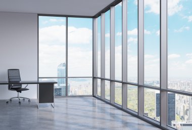 A workplace in a modern corner panoramic office in Manhattan, New York. A concept of financial consulting services. 3D interior.
