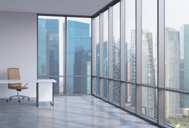 A workplace in a modern corner panoramic office in Singapore. A concept of financial consulting services. 3D interior.