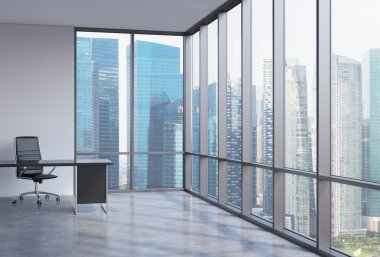 A workplace in a modern corner panoramic office in Singapore. A concept of financial consulting services. 3D interior.