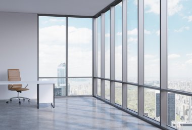 A workplace in a modern corner panoramic office in Manhattan, New York. A concept of financial consulting services. 3D interior.