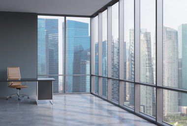 A workplace in a modern corner panoramic office in Singapore. A concept of financial consulting services. 3D interior.