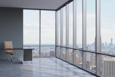 A workplace in a modern corner panoramic office in Manhattan, New York. A concept of financial consulting services. 3D interior.