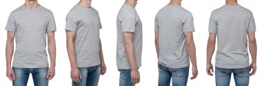 Body view of five man in a grey t-shirt. Isolated.