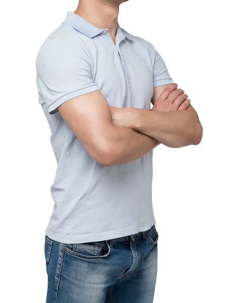 Side view of a person in a blue polo t-shirt with crossed hands. isolated. — Φωτογραφία Αρχείου