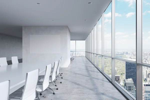 Modern panoramic conference room. A white rectangular table and chairs around it. Manhattan view, New York City. — 스톡 사진