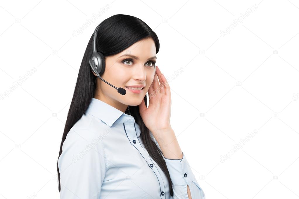 Portrait of smiling cheerful support phone operator in headset. Isolated.