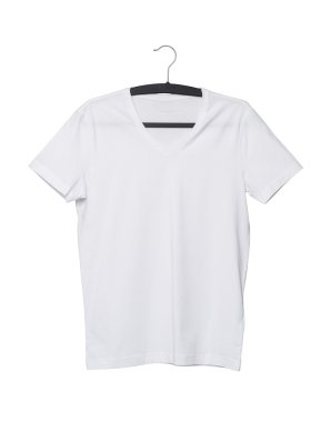 Close up of a V shape white t-shirt on cloth hanger. Isolated.