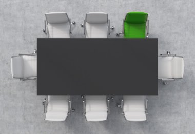 Top View of a conference room. A black rectangular table and eight chairs around, one of them is green. Office interior. 3D rendering.