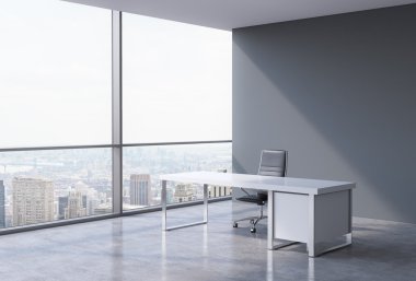 A workplace in a modern corner panoramic office in New York, Manhattan. A concept of financial consulting services. 3D rendering.