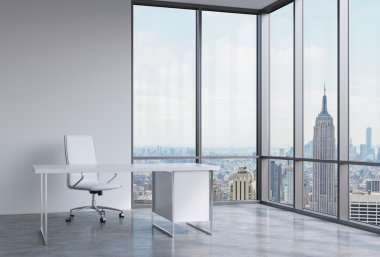 A workplace in a modern corner panoramic office in New York, Manhattan. A white leather chair and a white table. A concept of financial consulting services. 3D rendering.