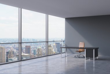 A workplace in a modern corner panoramic office in New York, Manhattan. A brown leather chair and a black table. A concept of financial consulting services. 3D rendering.