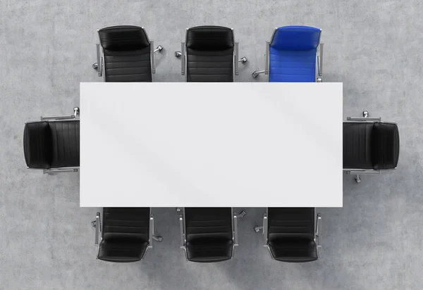 Top View of a conference room. A white rectangular table and eight chairs around, one of them is blue. Office interior. 3D rendering. — 图库照片