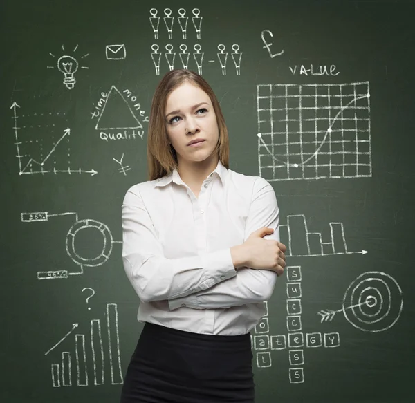 Business lady is thinking about optimisation of the business process. Graphs and flowcharts are drawn on the green chalk board. — Stok fotoğraf