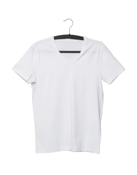 Close up of a V shape white t-shirt on cloth hanger. Isolated. — Stock Fotó