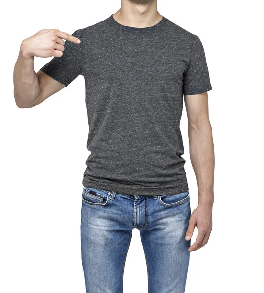 Close-up of a man pointing his finger on a blank grey t-shirt. Isolated. — Stock Fotó