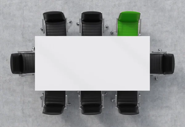 Top View of a conference room. A white rectangular table and eight chairs around, one of them is green. Office interior. 3D rendering. — Stock Photo, Image