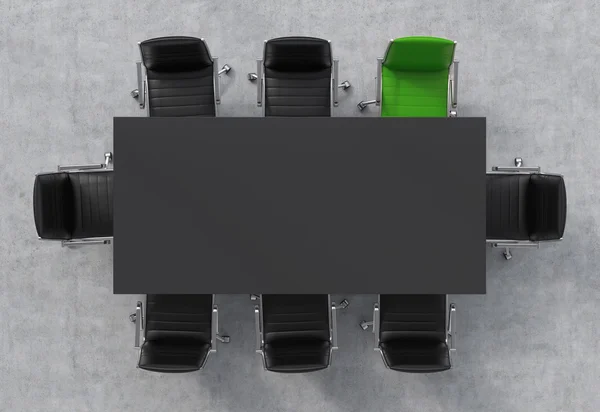 Top View of a conference room. A black rectangular table and eight chairs around, one of them is green. Office interior. 3D rendering. — Stock Photo, Image