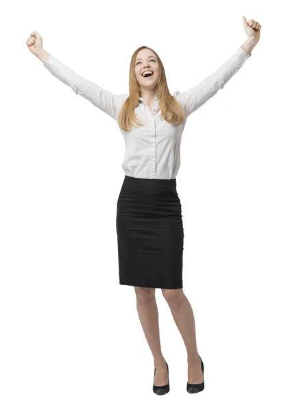 Full-length of happy business lady. Hands up. Isolated on white background. — Stock Photo, Image